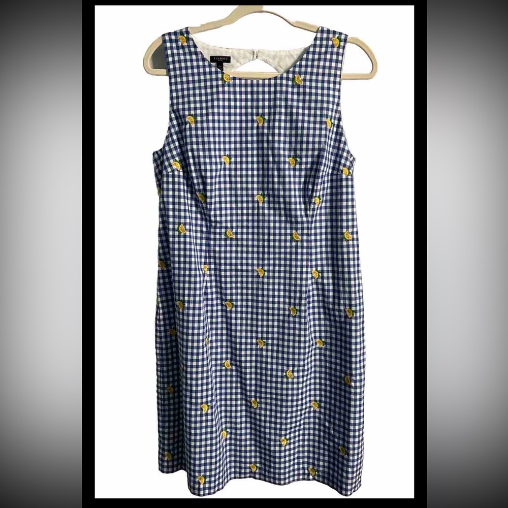 Talbots Dress Women12P Petite Sleeveless Casual Blue White Lemon Embroidered EUC